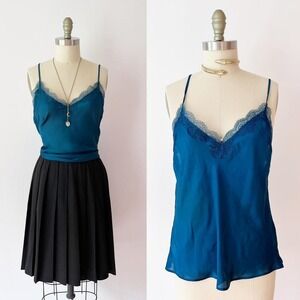 Victorias Secret Sexy Blue Lace Cami‎ Top Teal Cobalt Satin Deep Back